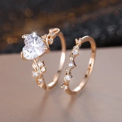 Elegant Multicolor Heart Ring Set for Women - Rose Gold with White Zircon Stones (White)
