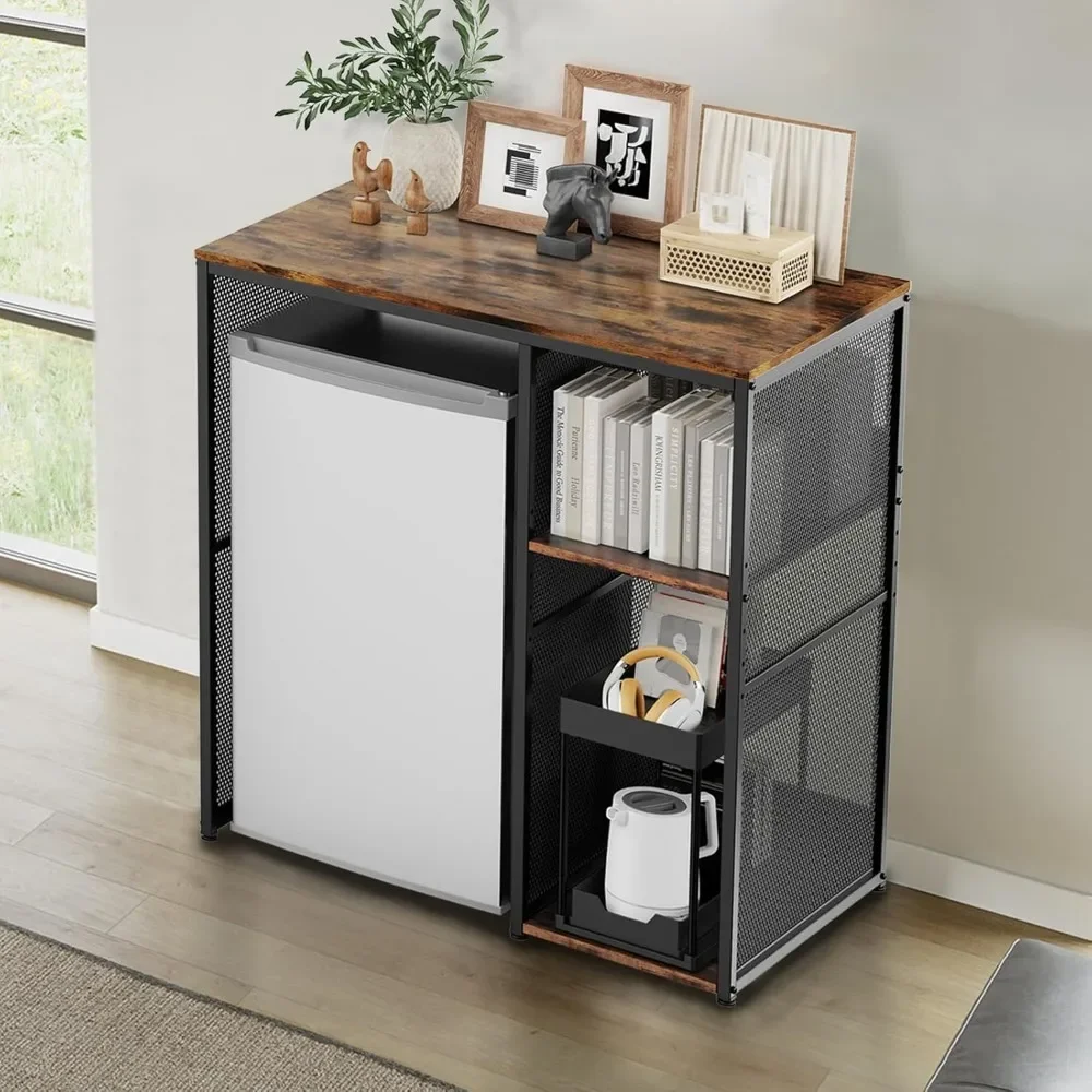 3-Tier Mini Fridge Cabinet with Storage, Industrial Style Kitchen Microwave Stand Baker Rack, Utility Storage Shelf 5