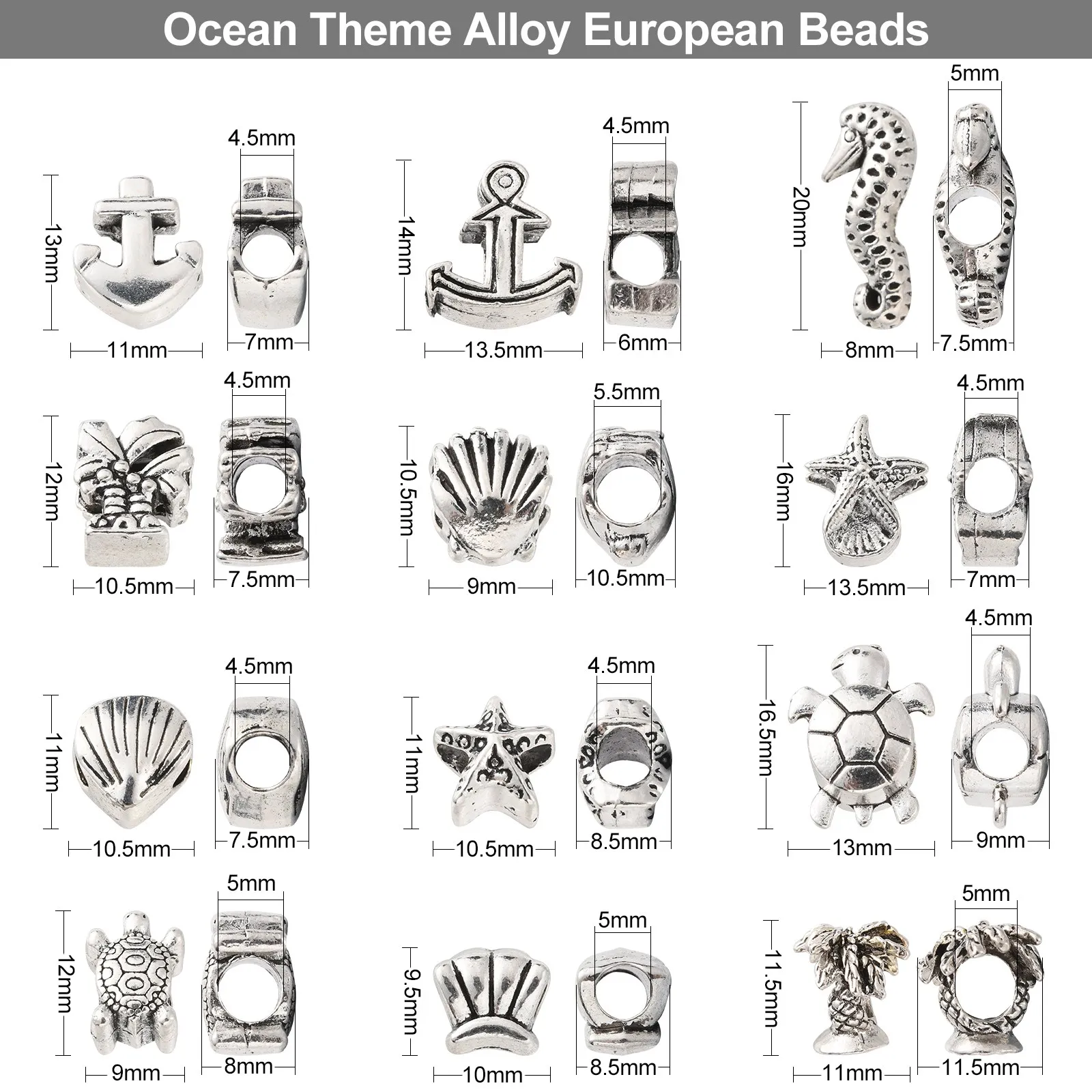 60Pcs 12 Styles Tibetan European Beads Antique Silver Tortoise Shell Starfish Space Beads with Large Hole for Jewelry Making DIY