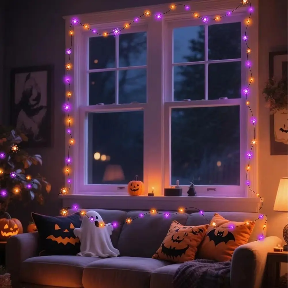12M Halloween String Lights 100LED DIY Halloween Fairy Lights Battery Powered Purple Orange Color LED String Lights Garden Decor