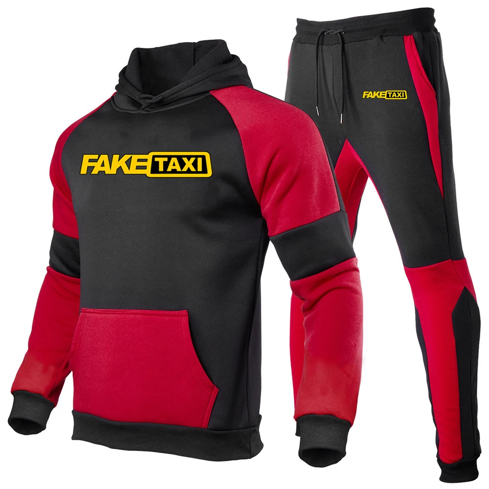 FAKE TAXI Printing Fashion 2023 New Man's Splicing Tracksuit Cotton Hoodies Classic Slim Fit Sweatshirts Sweatpants 2-Piece Set