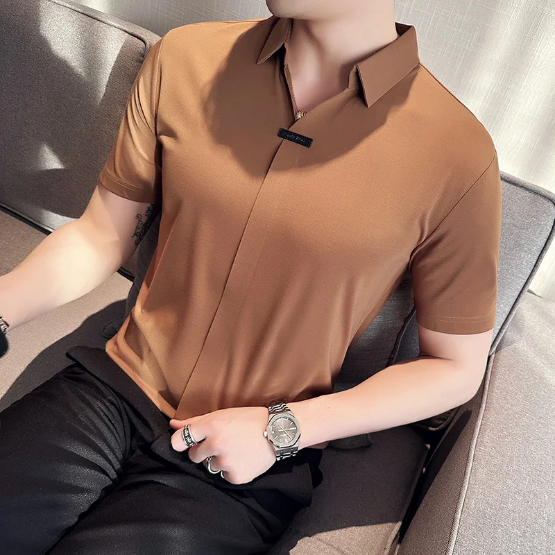 High Elastic Sexy V-neck Short Sleeve Shirt Men's Ice Silk Seamless Lapel  Pullover Casual Business Dress Shirts Men Clothing - AliExpress