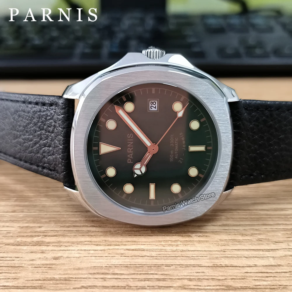 

Parnis 39mm Mens Wristwatch Stainless Steel Miyota8215 Mechanical Automatic Watch Green Dial with Leather Strap