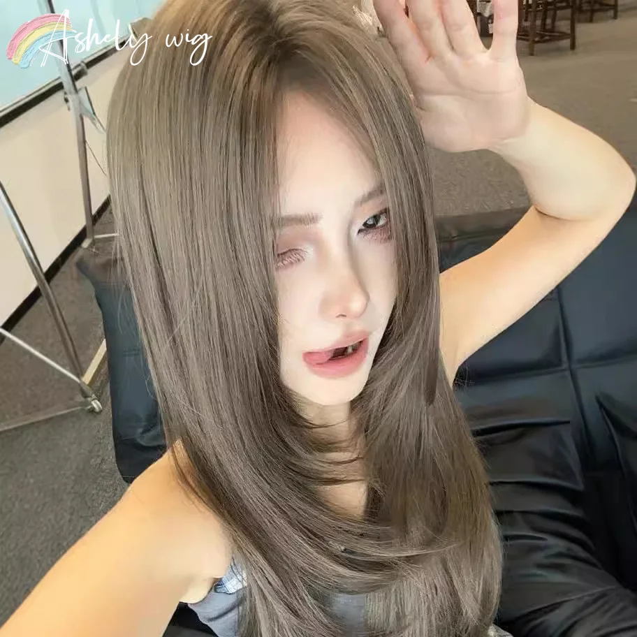 Green Brown Wig for Women Long Straight Hair Wig for Daily Use 24inch Hierarchical Cosplay Synthetic Wigs Pelucas De Mujer 가발