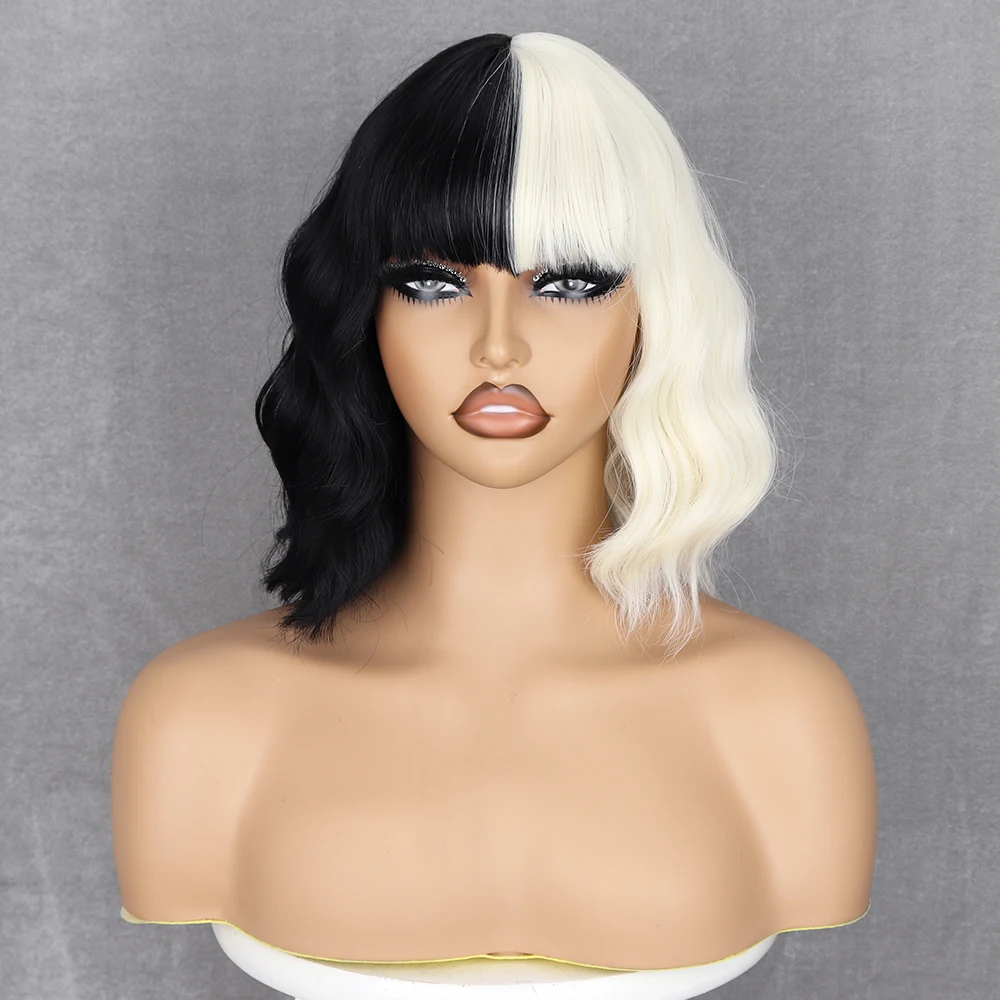 Black and Off white Short Wavy Shoulder Length Women Full Bang Heat Resistant Wig for party and cosplay