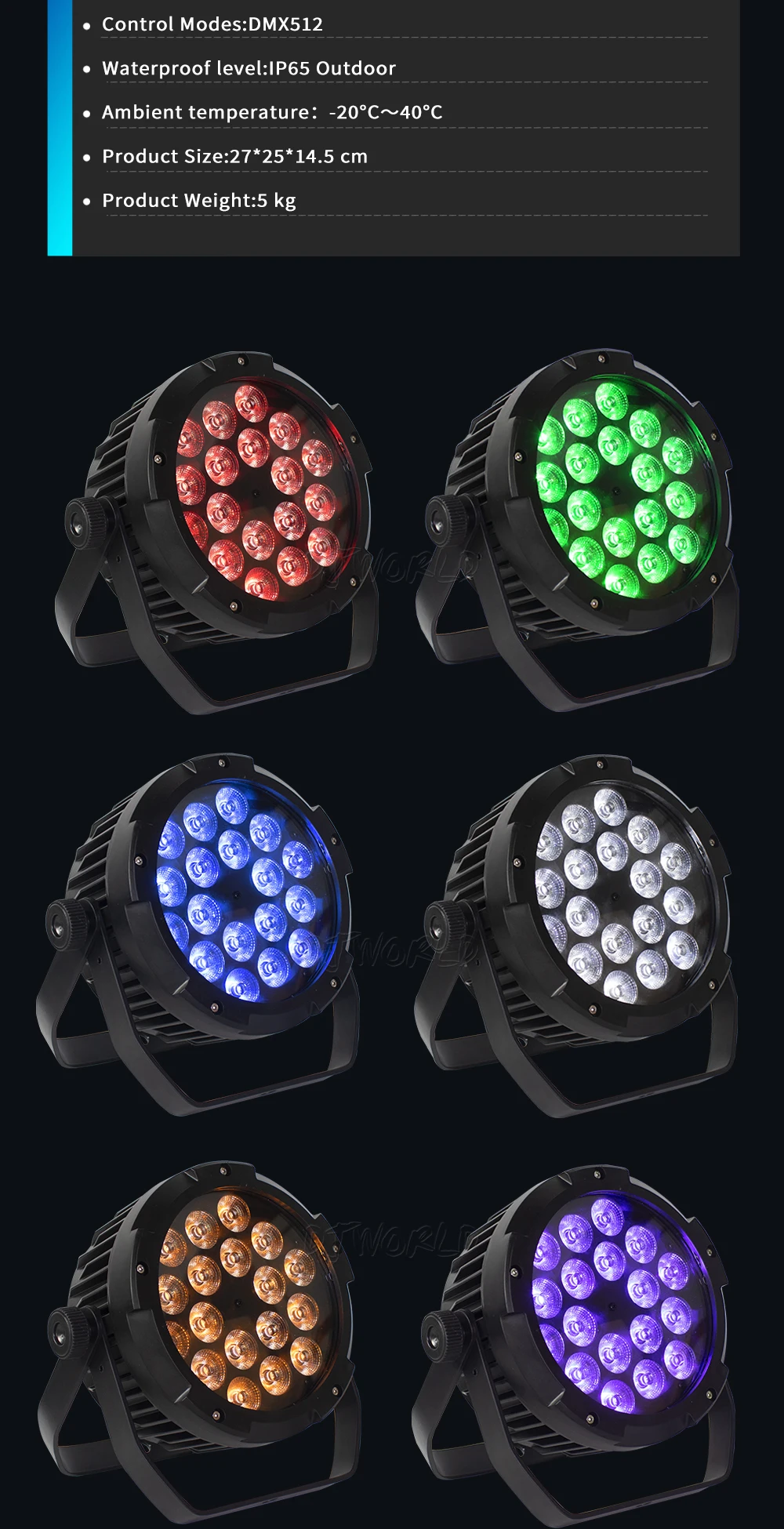 Description Picture 6 of item2/4pcs Waterproof LED 18X18W RGBWA+UV Flat Par Lights Colour Mixing Flash IP65 Outdoor Stage Show Wedding Party DJ Disco Bar