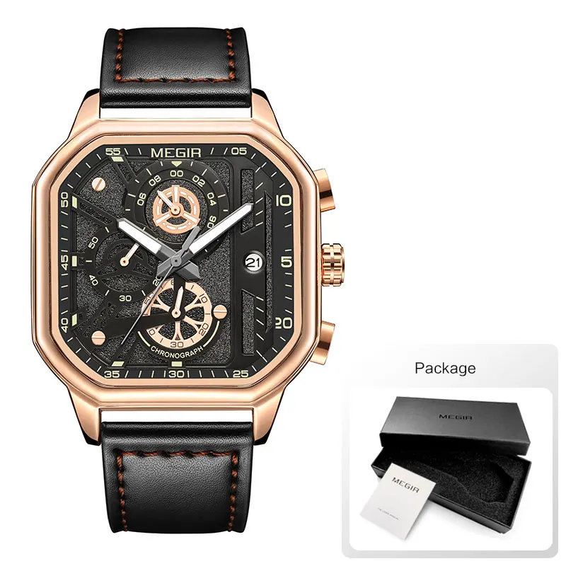 MEGIR - Orologio da polso da uomo con cinturino in pelle, analogico, al quarzo, luminoso, rettangolare 2028nero : MEGIR