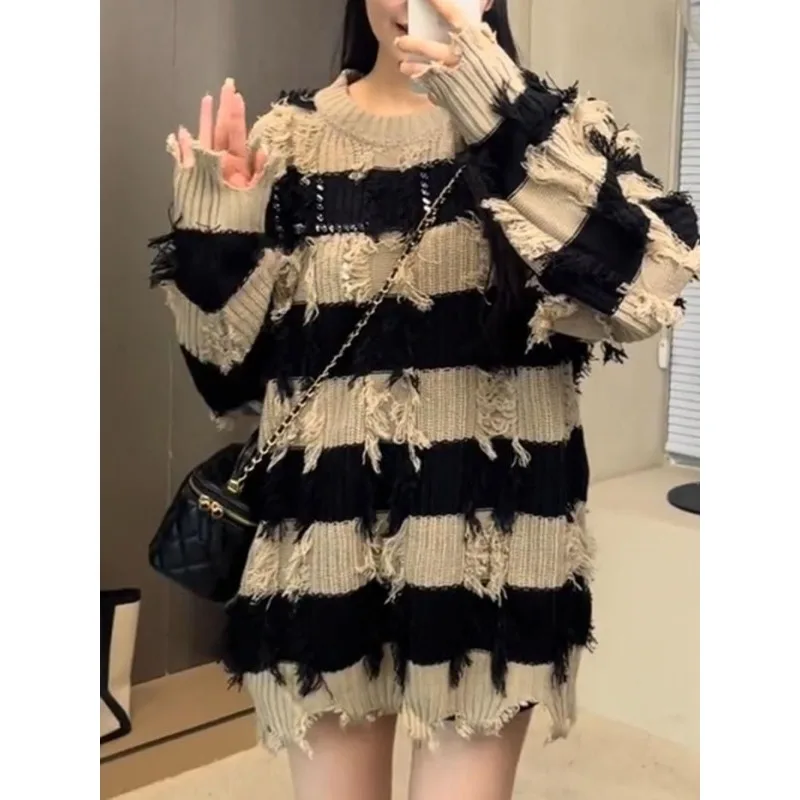 

Tassel Holes Vintage Sweaters Women Knitted Pullover Long Sleeve Y2k Clothing Stripes Knitwear Tops Hip-hop Korean Chic New