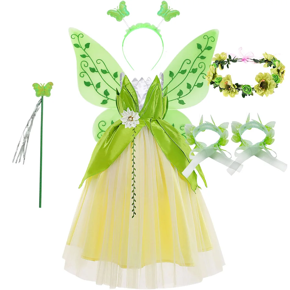 

Children's Clothing Carnival Cosplay Girls Party Flower Dress Halloween Frog Tiana Princess Naveen Prince Costumes Fairy Wings