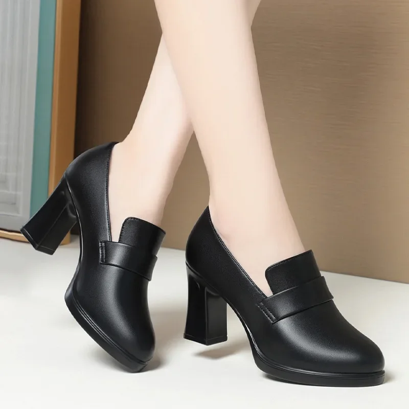 5cm 7cm Fashion Comfortable Black Soft Leather Shoes Deep Mouth