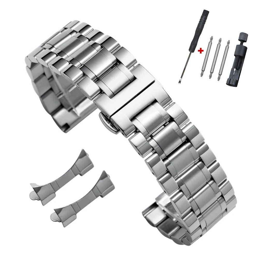 Curved End Solid Stainless Steel Watch Bracelet with Butterfly Buckle - Multiple Sizes Available
