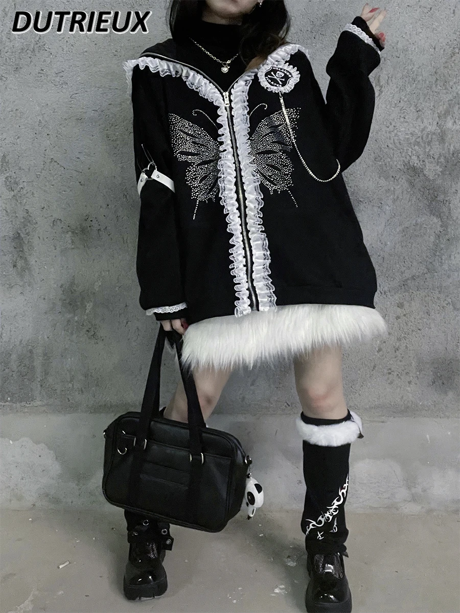 Autumn Winter Dark Punk Loose Sweatshirt Coat Y2k Hooded Harajuku Style Hot Girl Long Sleeve Mid-Length Hoodies Cardigan