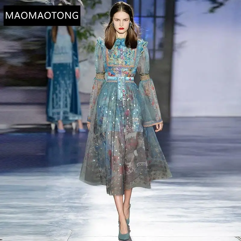 

Fashion 2022 Runway Autumn Luxury Designer Skirts Suit Women's Flare Sleeve Printed Shirts And Mesh Midi Skirt Two Pieces Set