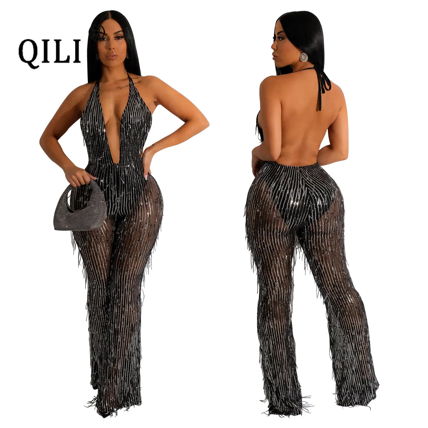 

Women's Halter Backless Jumpsuits, Sexy, Dark V-neck, Sleeveless, See Through Jumpsuits, Sequined Boot Cut Pants, Club Jumpsuit