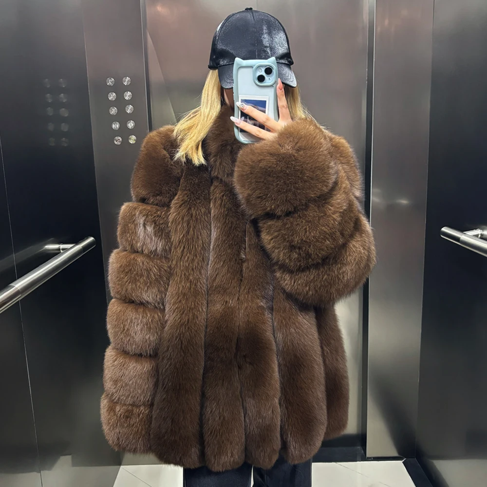 ジャケット・アウター real fox fur coat 90s Women's Real Fox Fur Jacket Long Coat with Stand Collar Natural