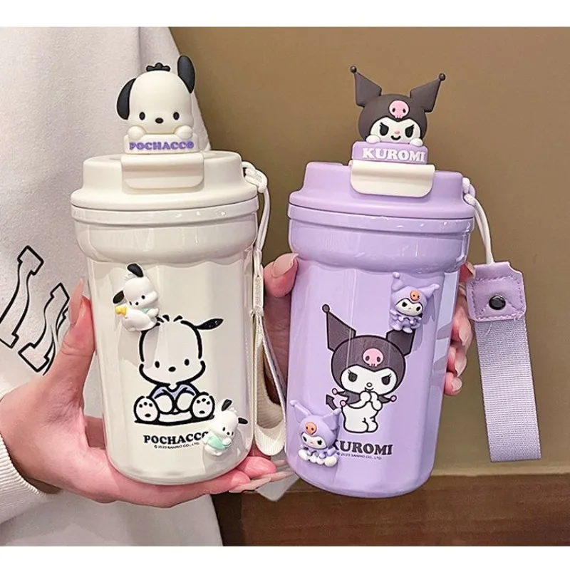 

480ml Sanrio PomPomPurin Cinnamoroll Kuromi Thermos Cup Portable Cute Cartoon Coffee Cup Kawaii Leak Proof Insulation Water Cup