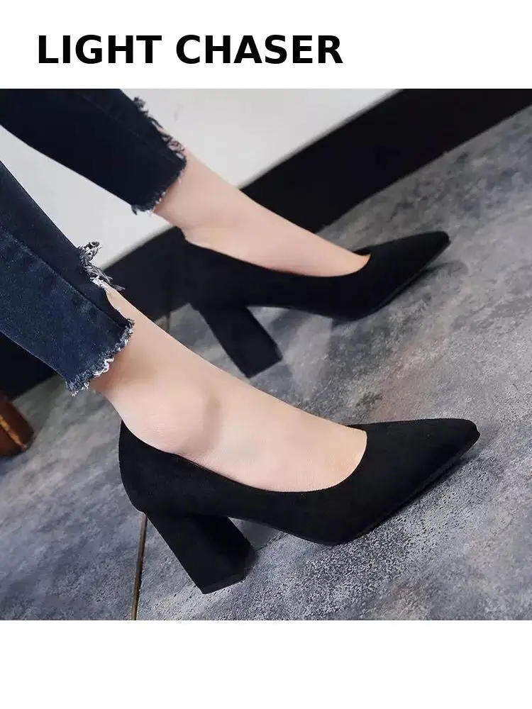 Spring Autumn New Pointed Toe Shallow Mouth Suede Single Shoes Thick Heel Women's High Heels Mid-heel All-match Work Shoes Women
