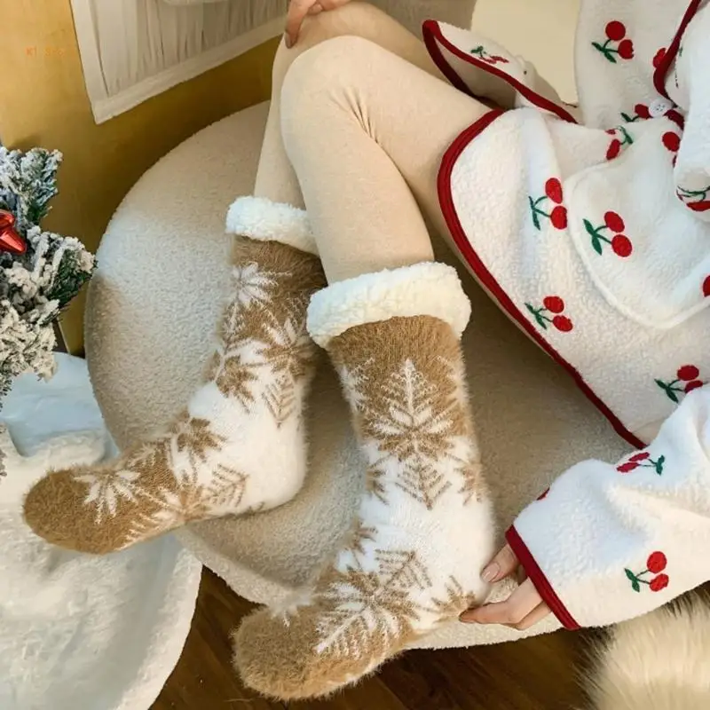 

Womens Christmas Fleece Lining Fuzzy Slipper Socks with Grippers Snowflake Pattern Winter Thermal Non-Slip Floor Socks