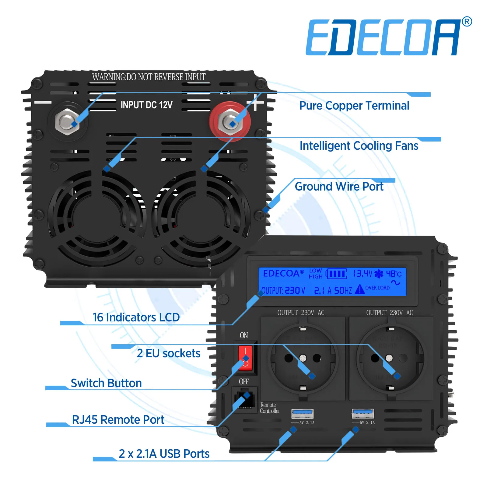 EDECOA Convertisseur Pur Sinus 1000W Onduleur 12V 220V Transformateur USB