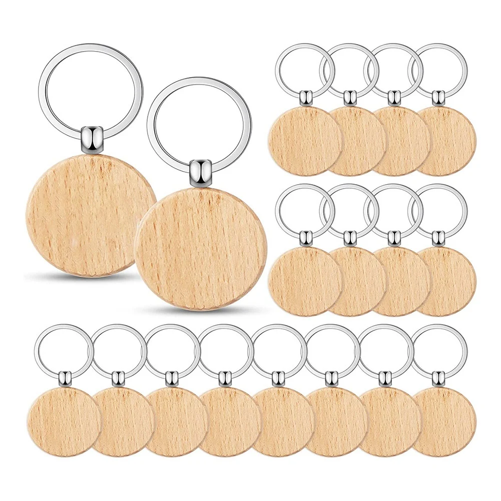 

100Pieces Wooden Keychain Blanks Bulk Round Wood Engraving Blanks Unfinished Wooden Key Ring Key Tag B