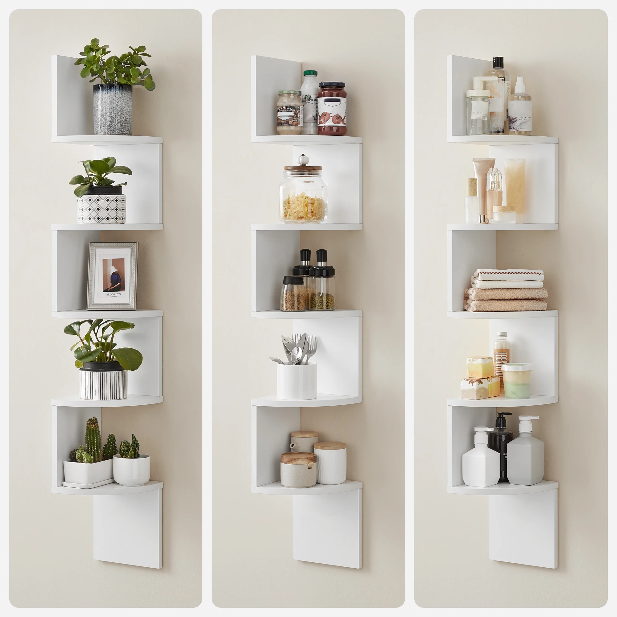 VASAGLE Corner Shelf Wall Mount, 5-Tier Floating Corner Bookshelf, Plant Shelf for Bedroom, Living Room, Bathroom, Home Office 5