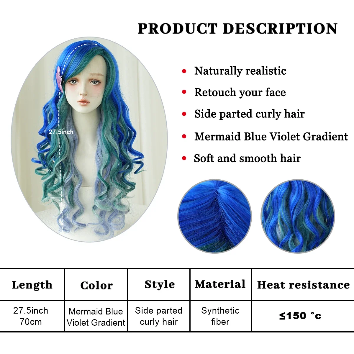 PARK YUN mermaid Wig Long Blue Purple Gradient Wigs for Women Daily Party Halloween Cosplay Synthetic Body Wave Hair Wig