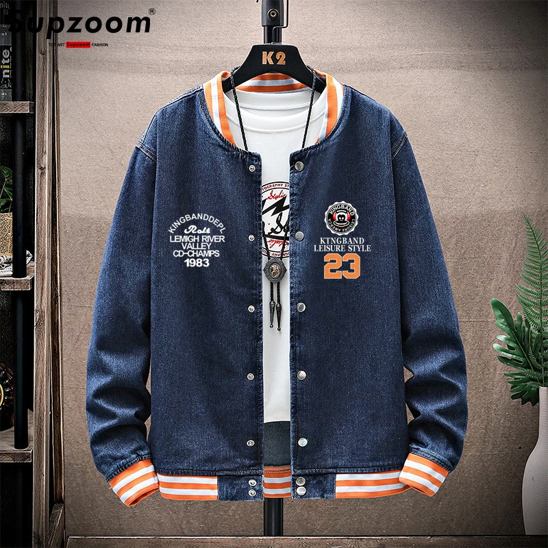 Supzoom New Arrival Letter Rib Sleeve Cotton Print Fashion Logo Single Breasted Casual Bomber Baseball Denim Jacket Loose Coat  new arrival summer women harem pants all matched casual cotton denim pants elastic waist yellow white jeans fashion
