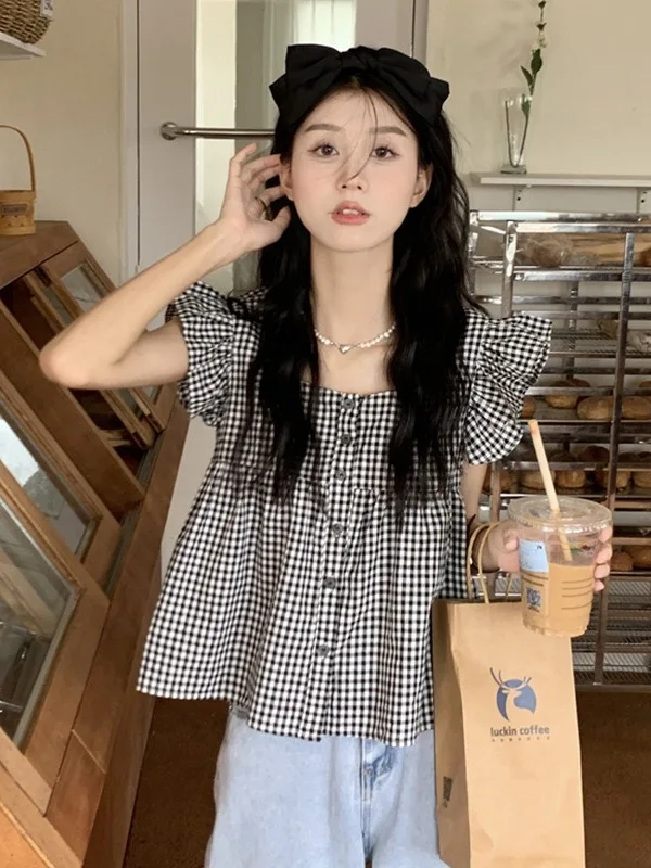 Women's Plaid irt Summer 2025 New Sle Square Collar ort Sve Fly Sve Cheered Top Straight Tube Single Button