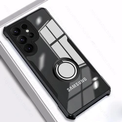 Clear Acrylic Shockproof Phone Case with Magnetic Holder Ring Stand for Samsung S25Ultra (Black-01)