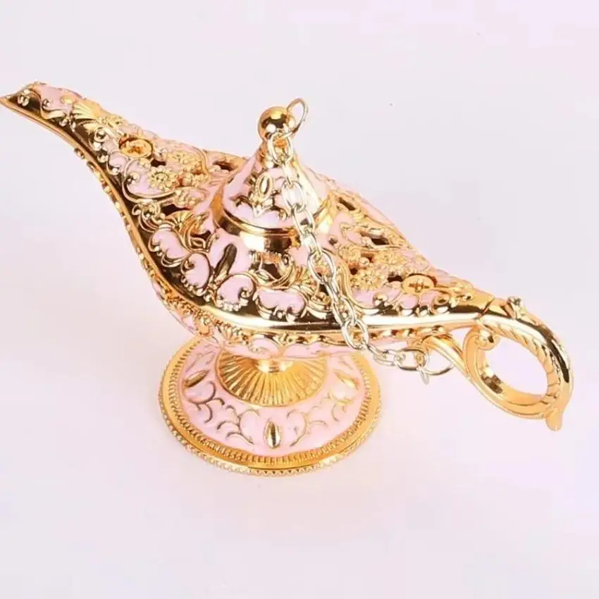 Elegant Vintage Metal Carved Aladdin Lamp Light Wishing Tea Oil Pot Decoration Collectable Saving Collection Art Craft Gift Prop