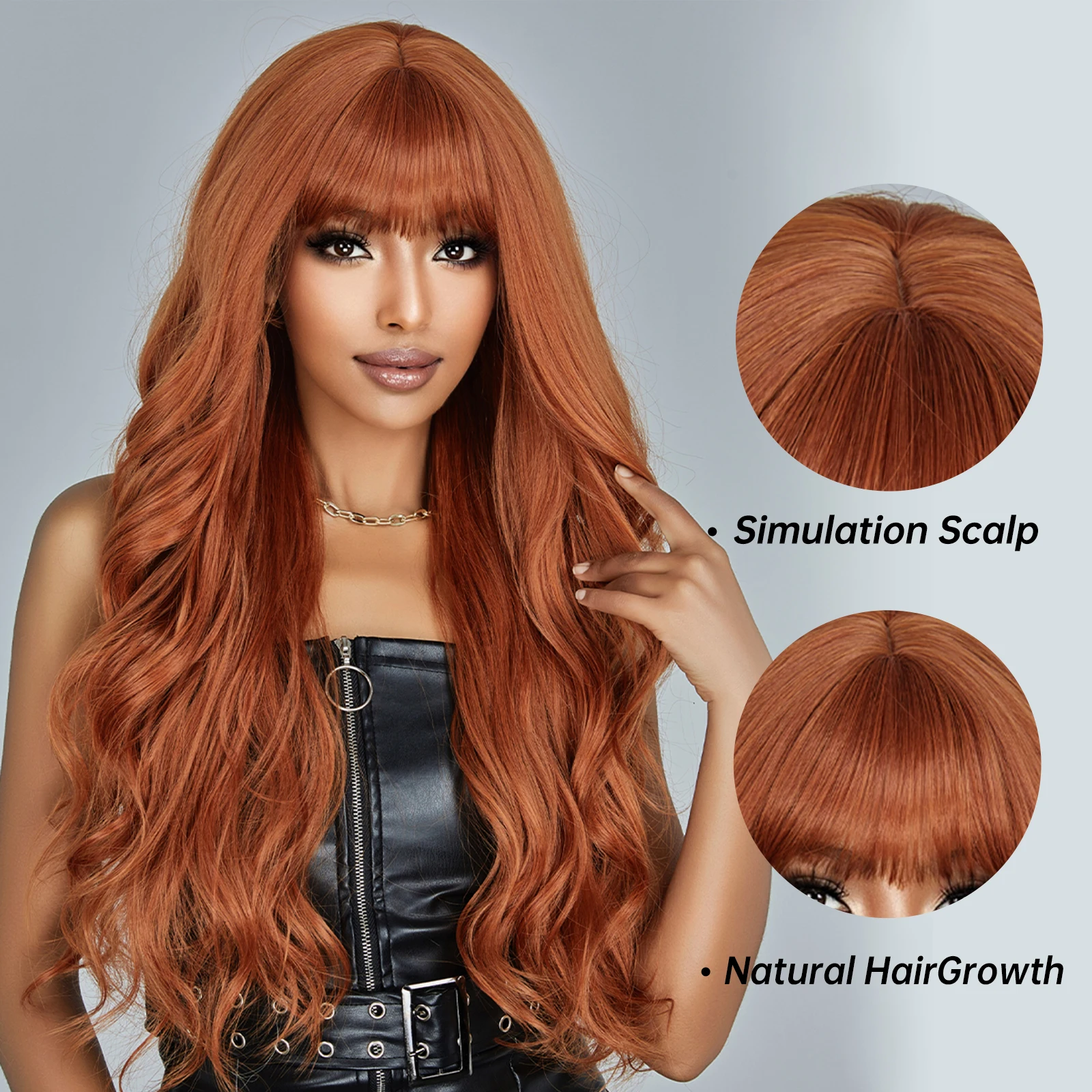 Long Wavy Brown Synthetic Wigs with Bangs Curly Natural Fake