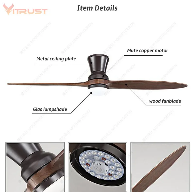 Two-Blade Indoor Ceiling Fan Dimmable with LED Light Kit For home use 60 inch Ceiling fan, led ceiling fan lights