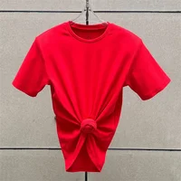 T-shirt femme 2025 été nouveau haut à manches courtes tricoté élastique fleur 3D décoré col rond pull pur coton haut court 6