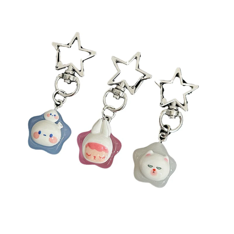 Kawaii Cartoon Animals Pentagram Luminous Keychain Creative Girl Heart Glow In The Dark Keyring Bag Pendant Car Key Accessories