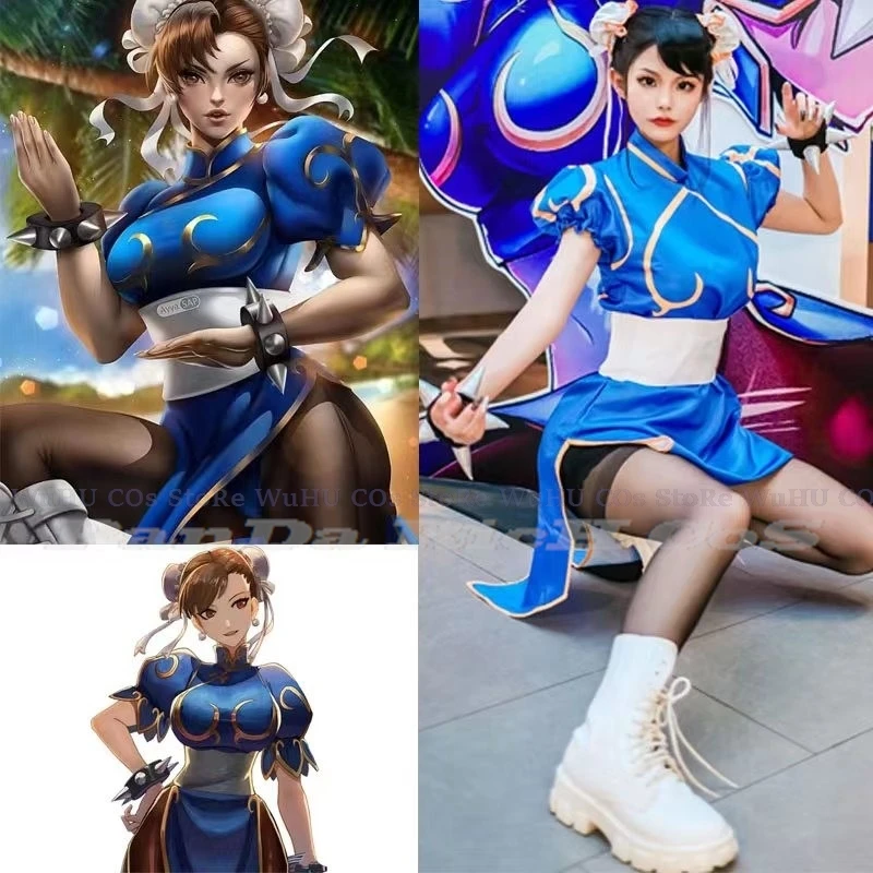 

Game SF Chun Li Cosplay Dress Costume Chunli Role Play Blue Qipao Outfit Full Set Jackie Kung fu Women Halloween Party Suit