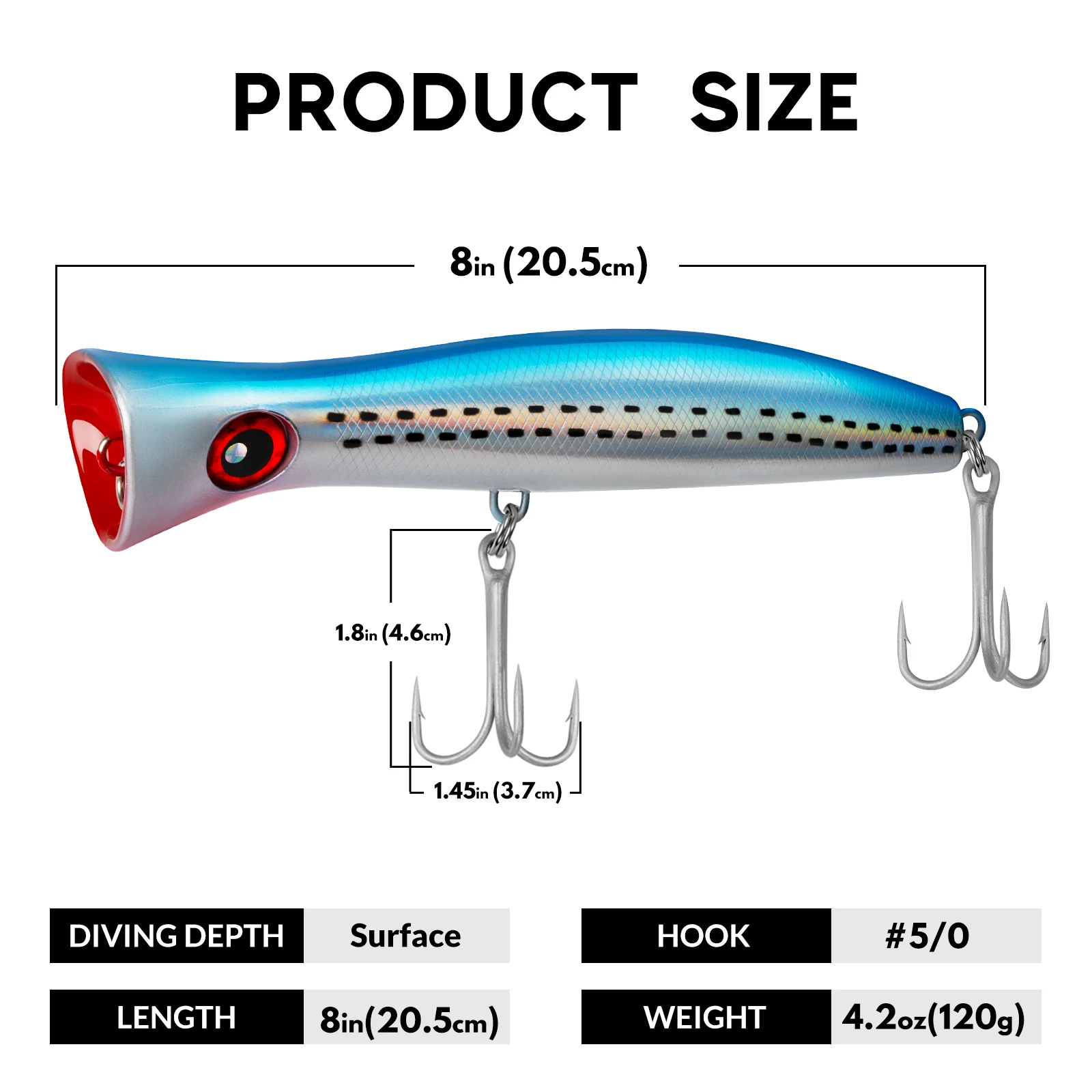 Topwater Popper Saltwater Fishing Lures 4.75-7.5,Water-Spraying Bubble  Chamber Design, 4X-5X Treble Hooks, Popping Lures Offshore Surf Fishing