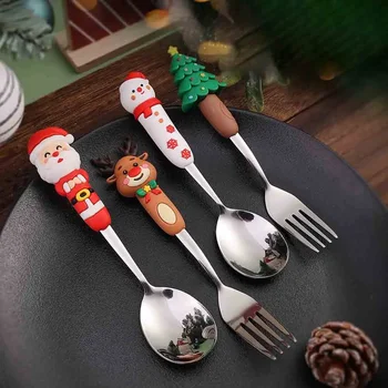 4 pezzi regalo di Natale set forchetta cucchiaio d'argento alce decorazione albero di Natale paletta da dessert forchetta per torta cucchiaio da caffè set di posate 1
