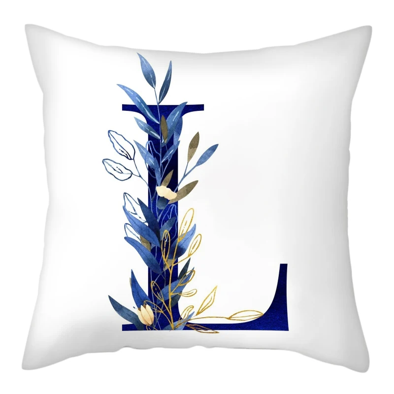 Simple Blue Leaf Alphabet Print Cushion Case 26 Letters Decoration Pillows Case Sofa Chair Livingroom Polyester Throw Pillowcase 