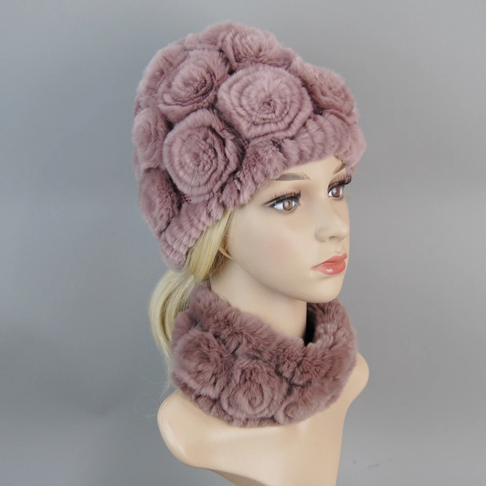 Fashion Girl Fur Cap Lady Winter Natural Real Rex Rabbit Fur Hat Scarf Suit High Quality Women 100% Genuine Hat
