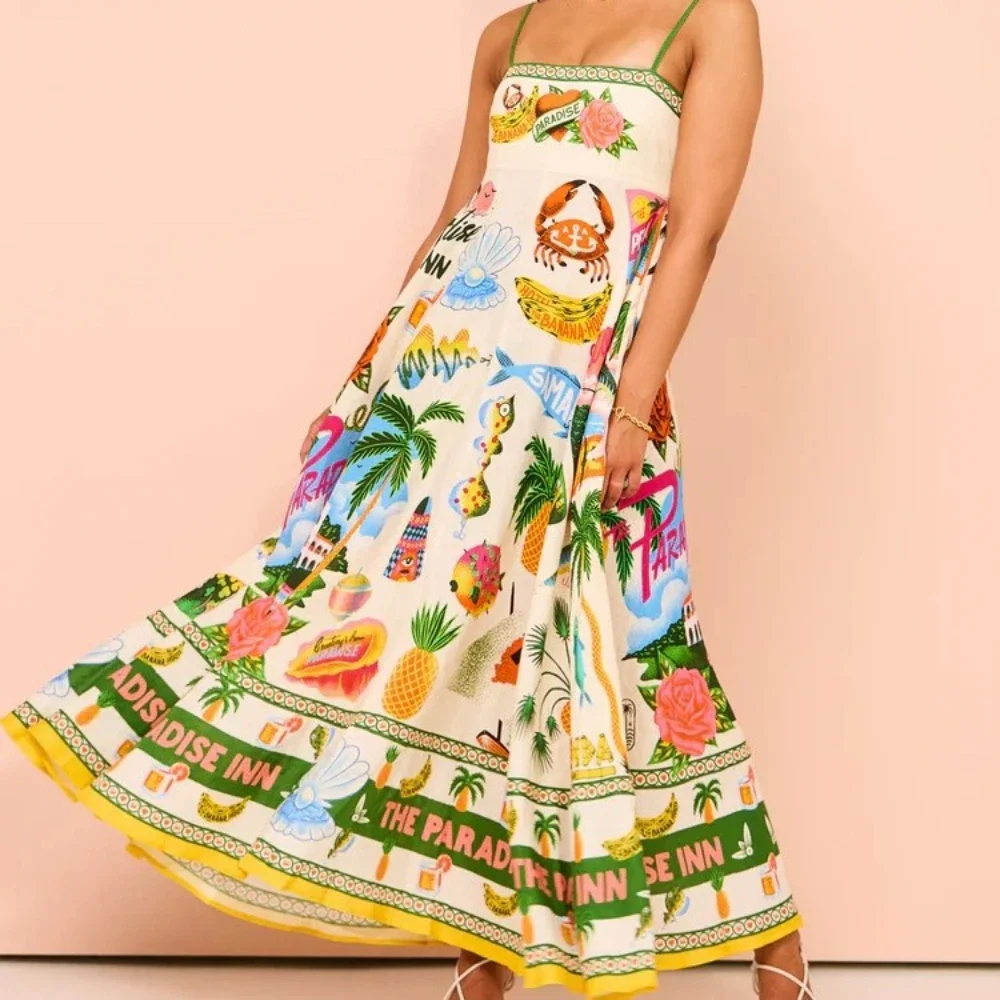 

Длинное пляжное платье на бретелях-спагетти с принтом и открытой спиной, элегантное платье без рукавов с кулиской, праздничные повседневные платья для отпуска