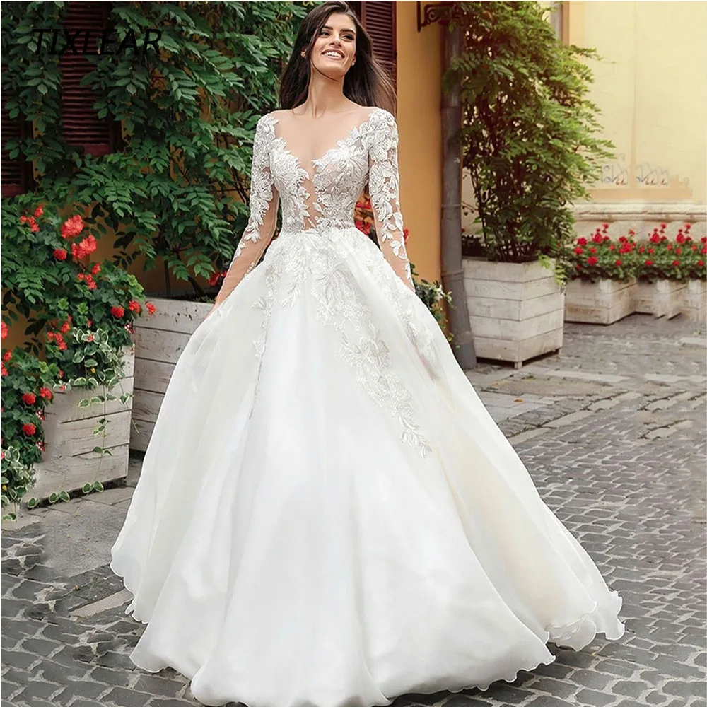 

TIXLEAR Modern V-Neck A-Line Wedding Dress Lace Appliques Long Sleeves Bridal Gown Illusion Button Floor Length Vestido De Novia