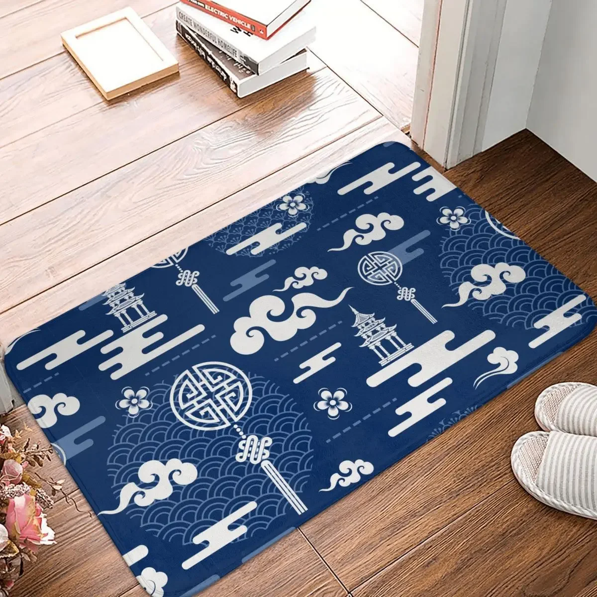 

Нескользящий коврик, Придверный коврик, кухонный коврик, Синие китайские элементы, напольный коврик в виде пагоды, декоративный коврик для спальни