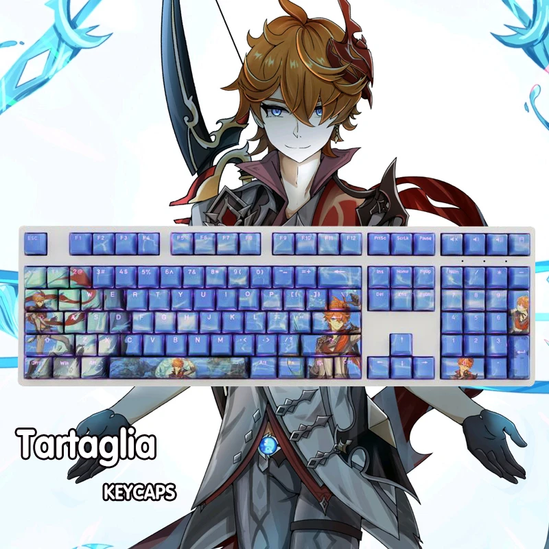 Tanio RGB Genshin Impact Tartaglia Cosplay Keycaps mechaniczna klawiatura dekoracja