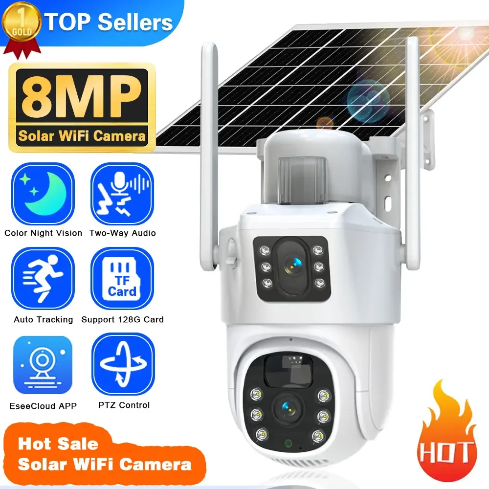 Solar Cam Wifi Dual Lens 8Mp Hd Wireless Security Cctv Impermeabile Visione Notturna Pir Human Detect Ptz Telecamere Di Sorveglianza Domestica
