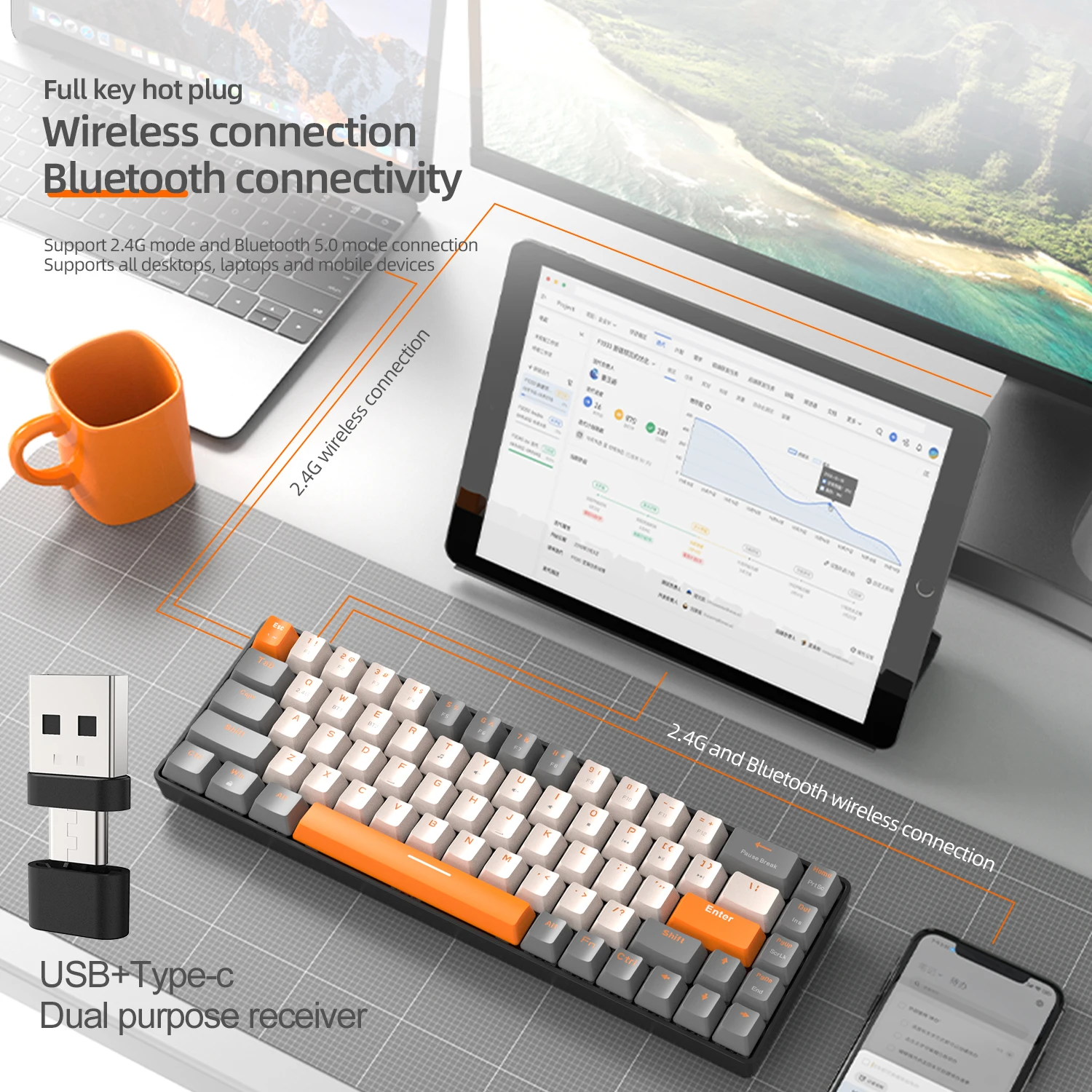 FREEWOLF K68 무선 듀얼 모드 키보드, 68키 미니 키보드, 완전히 핫스왑 가능한 기계식 키캡, USB/Type-C 인터페이스