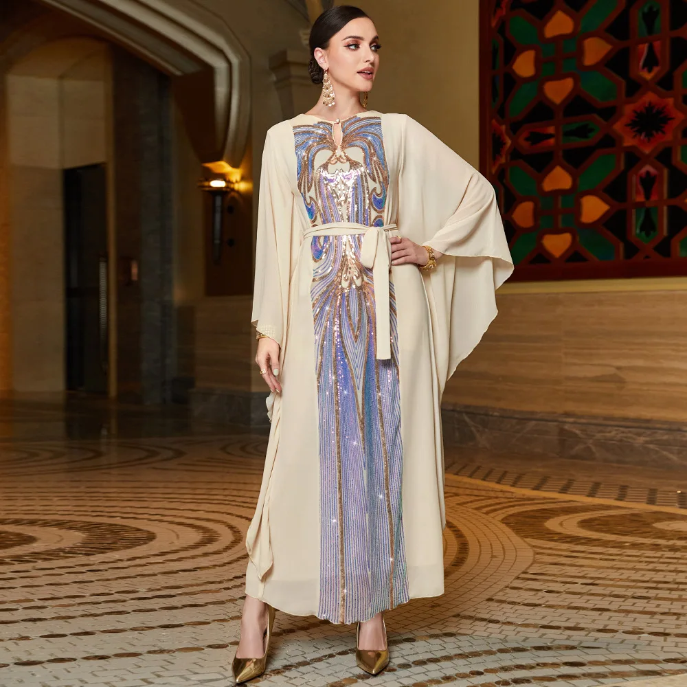 

Middle East Party Sequins Maxi Dress Women Muslim Abaya Dubai Turkey Kaftan Islamic Evening Gown Batwing Sleeve Robe Caftan Eid
