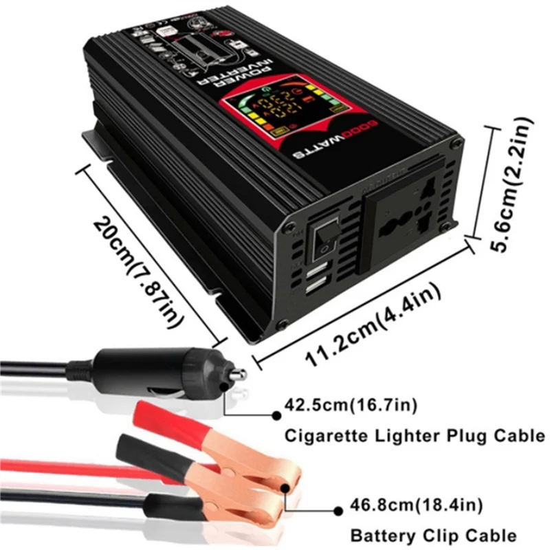ABFI 6000W 차량용 정현파 전원 인버터 DC-AC 220V 범용 컨버터, 야외 활동을 위한 듀얼 USB 콘센트 탑재
