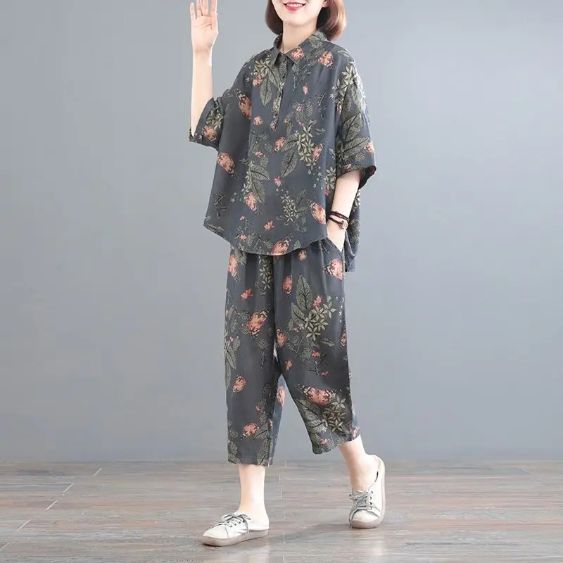 Summer Fashion Ladies Suits High Street POLO Collar Short Sleeve Button Pullovers Floral Printing Drawstring Calf-Length Pants fitness women jumpsuits casual street solid deep v neck cleavage backless short sleeve overalls skinny concise one piece outfit