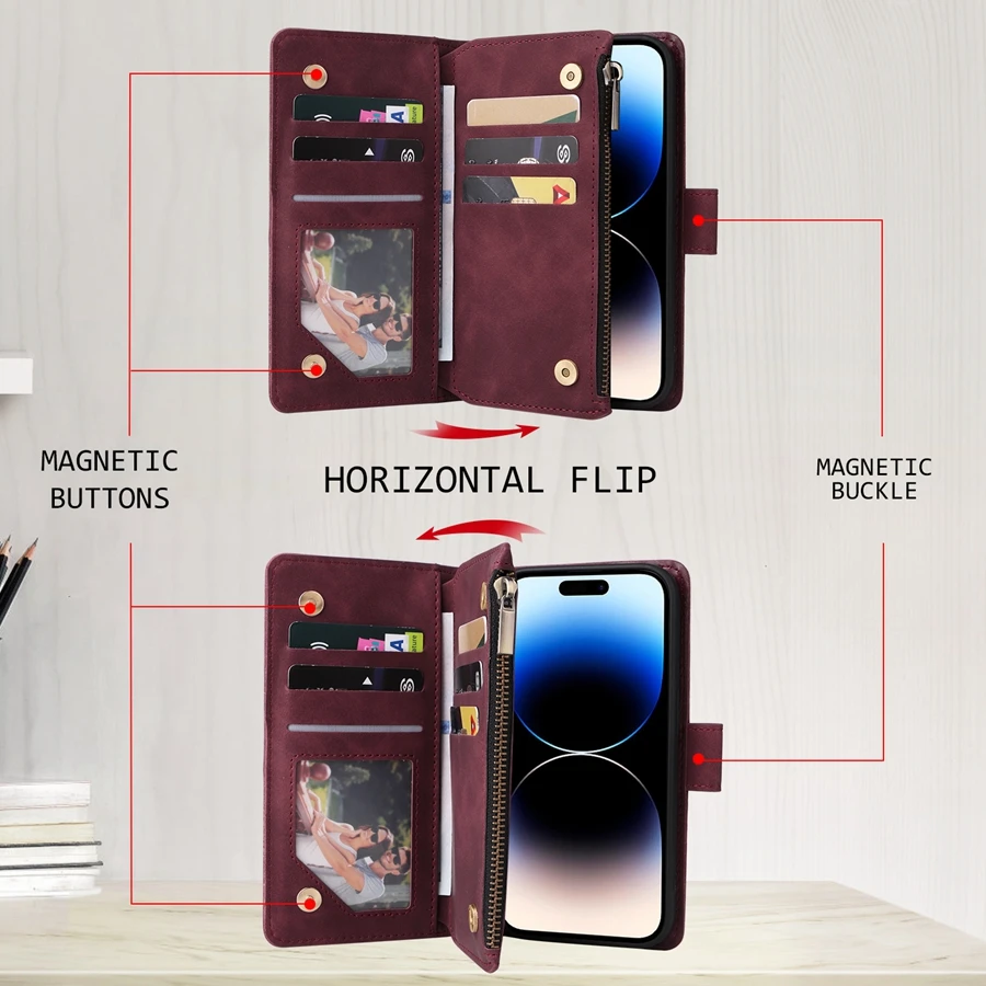 Luxurious Multi-Card Zipper Magnetic Flip Leather Wallet Case
