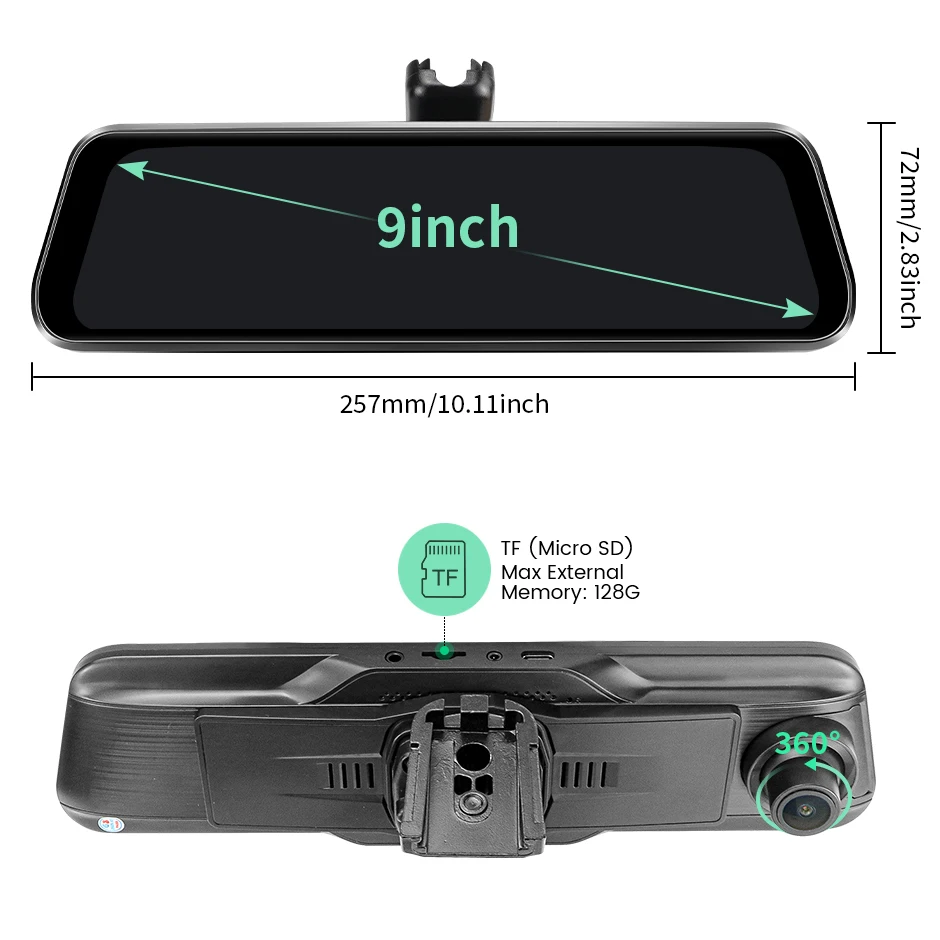 GreenYi 9인치 IPS 풀 HD 터치스크린 DVR 차량용 4K 주차 모니터 후방 카메라 레코더 블랙박스 듀얼 렌즈 비디오